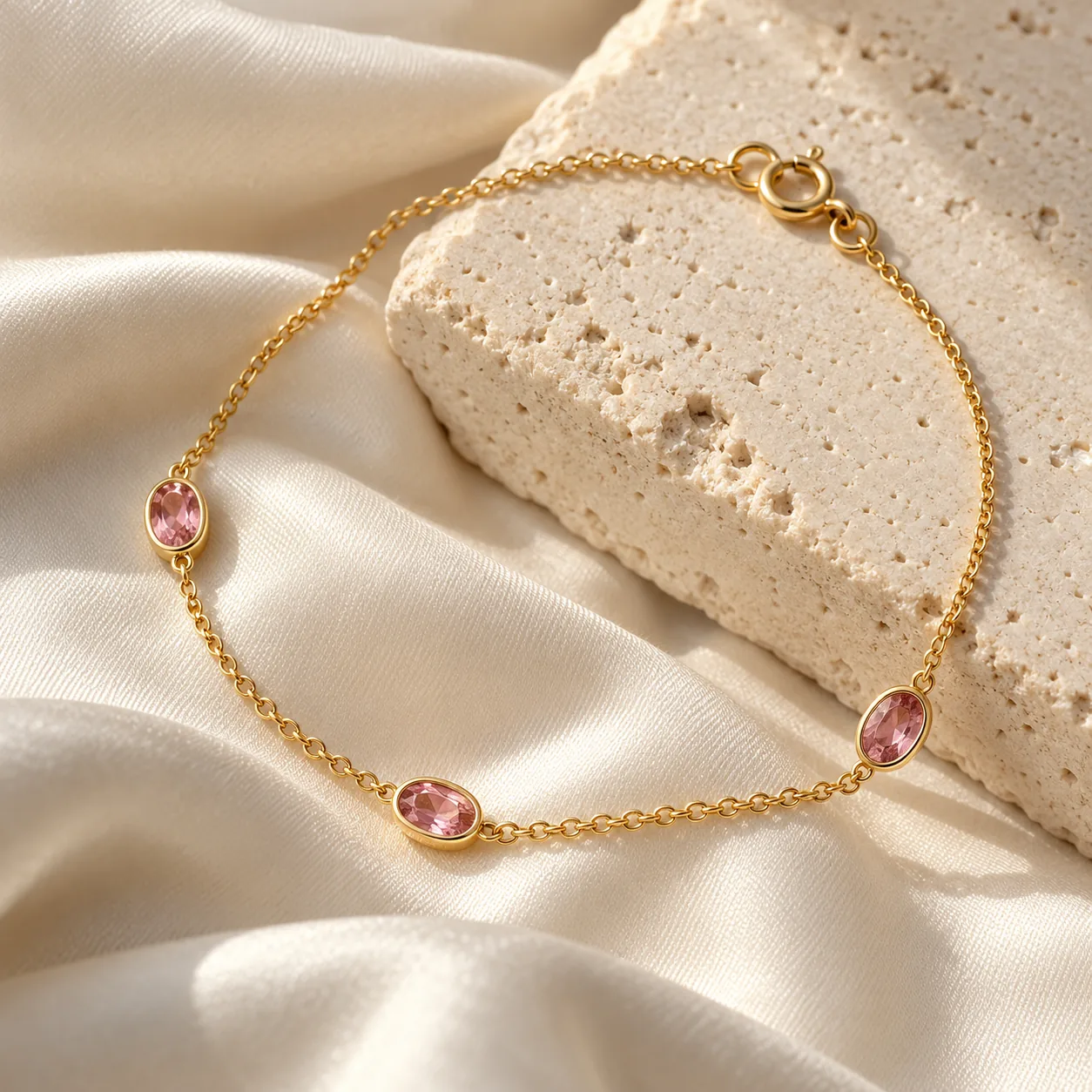 Fine gold bracelet with three small oval pink sapphire stations