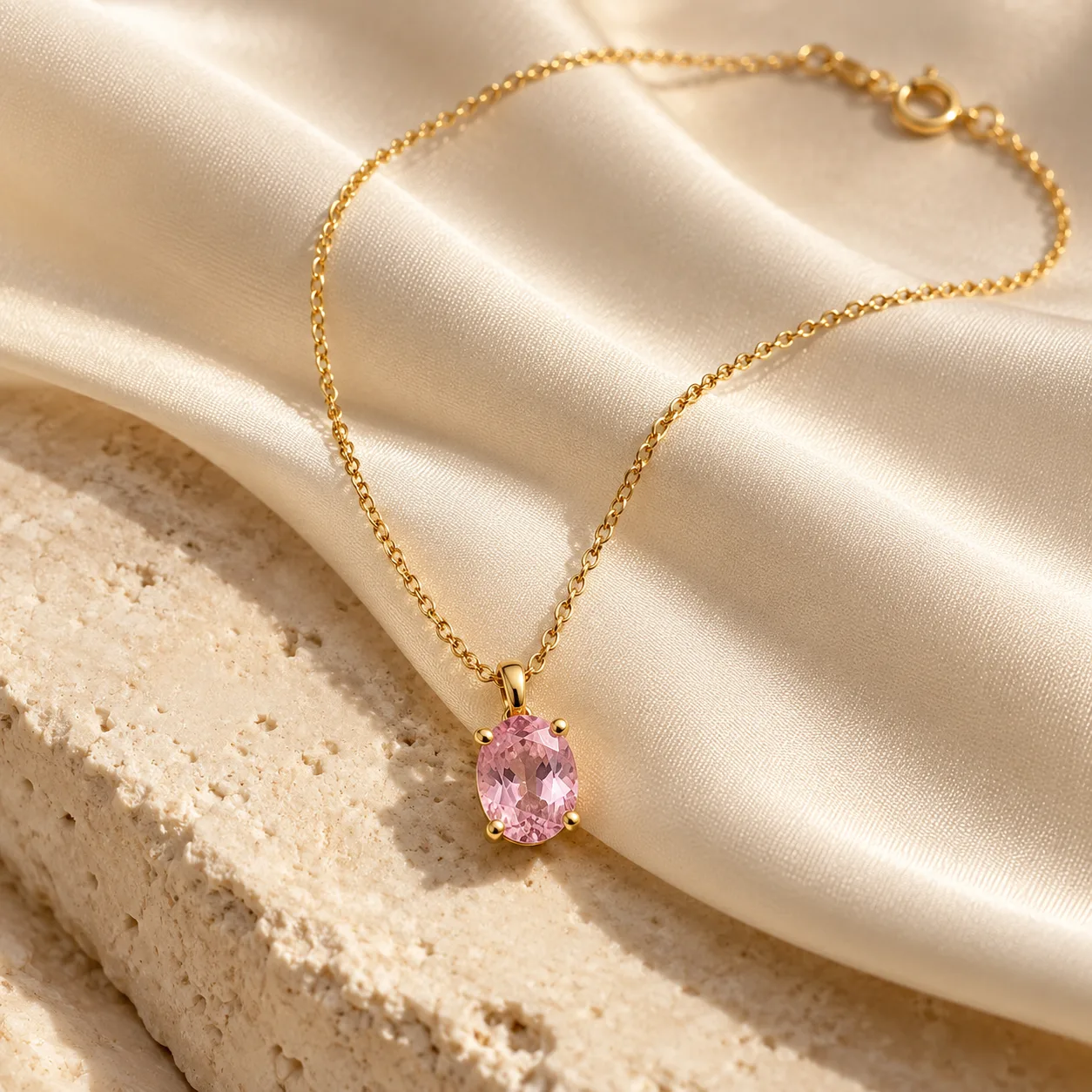 Fine gold necklace with a small oval blush pink sapphire pendant on ivory silk