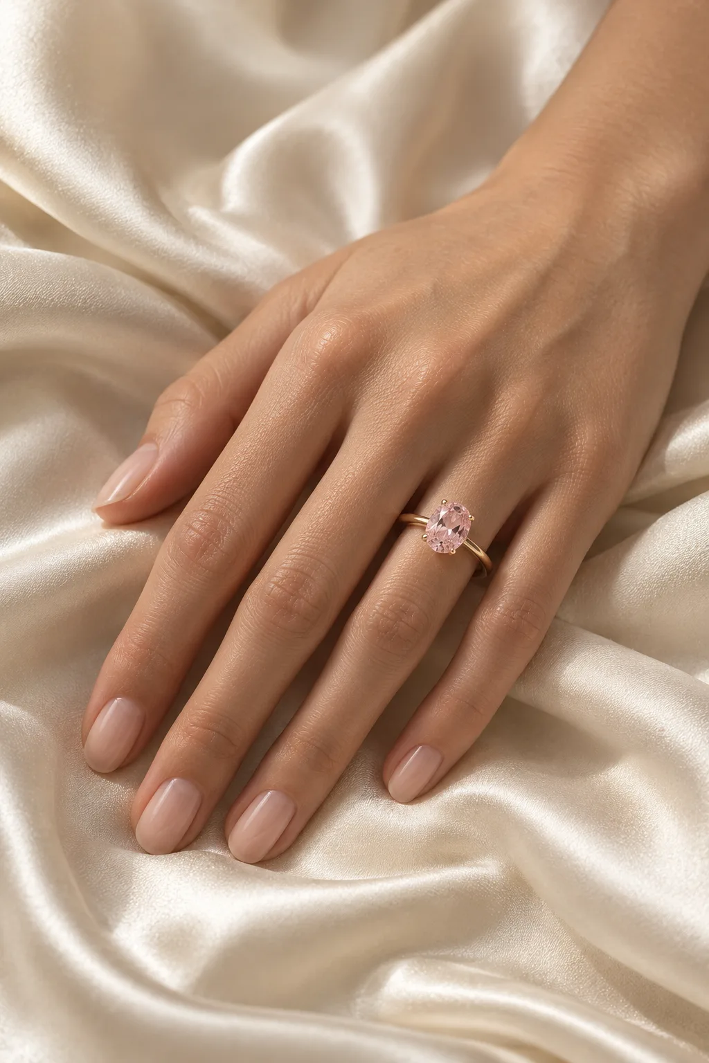 Blush pink sapphire ring worn against ivory silk