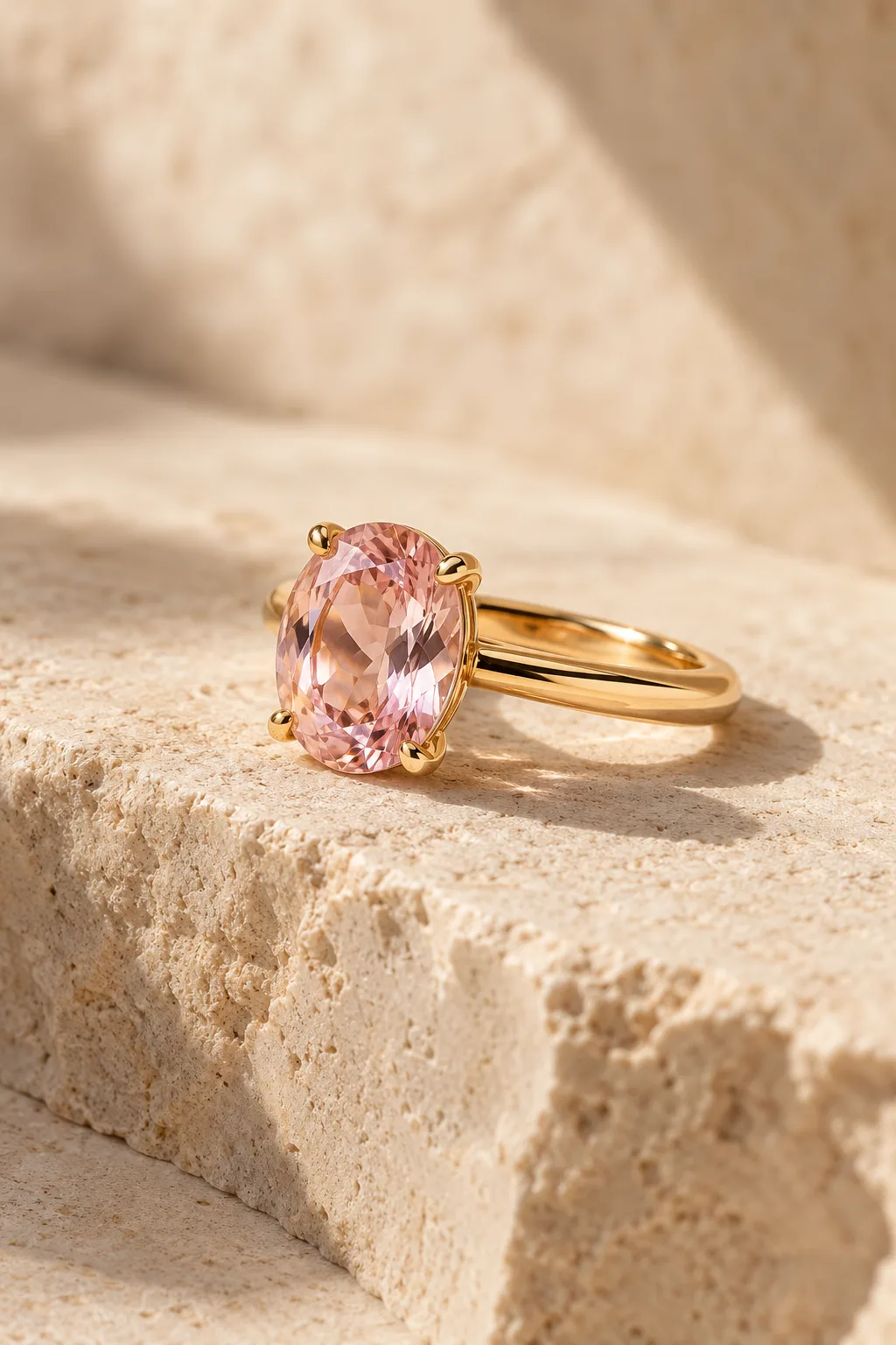 The Reveal Ring, an oval pink sapphire on warm limestone
