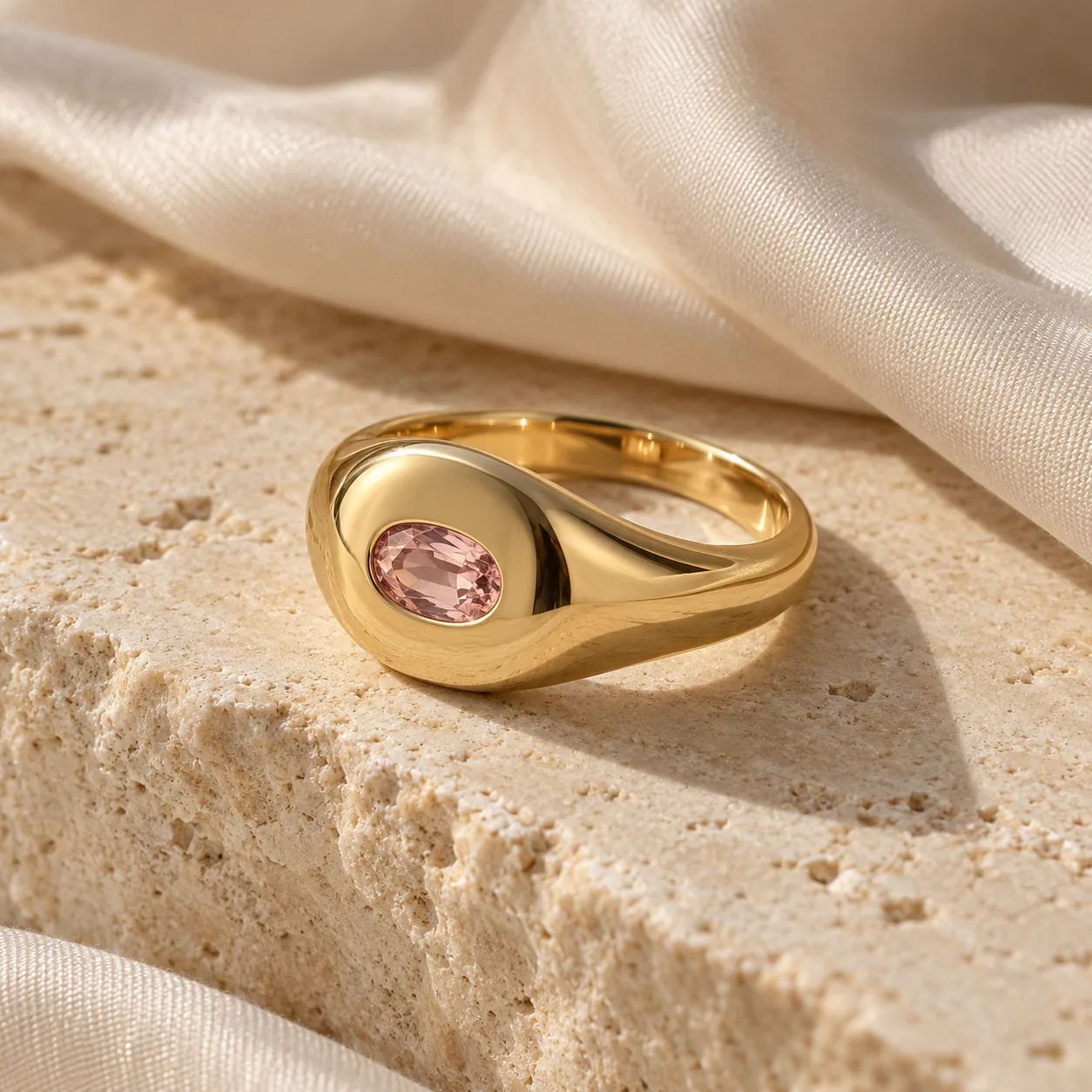 Softly rounded gold signet ring with a horizontal oval pink sapphire